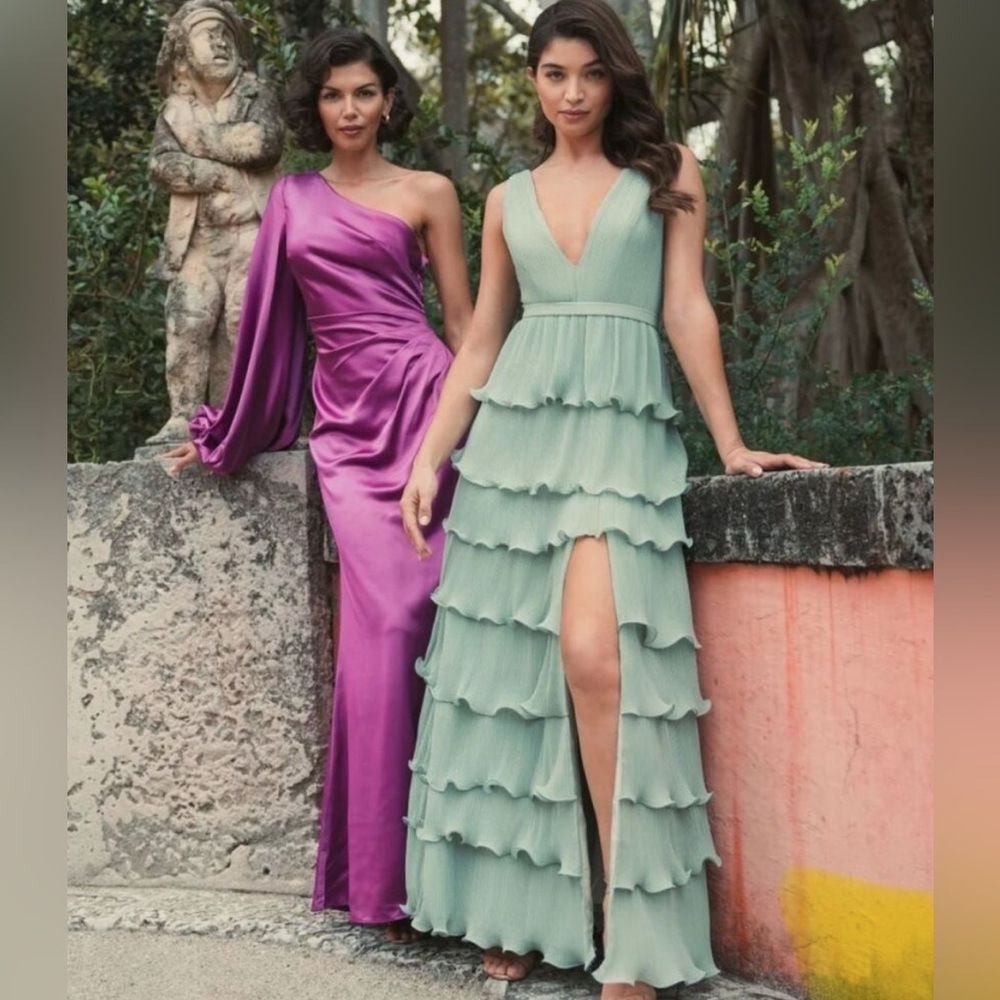 Mac Duggal 49054 Size 10 Sage Green Sleeveless Ruffle Tiered V-Neck Gown Dress